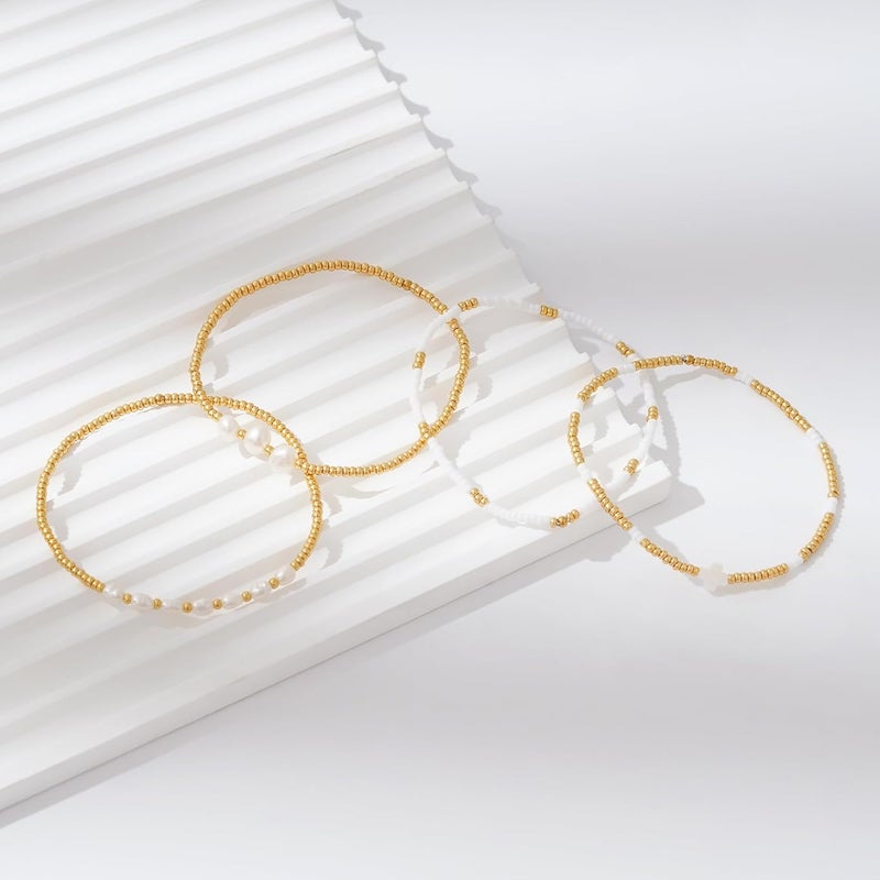 Pymach Store Dainty Gold Plated Pearl Crystal Beaded Bracelets Set for Women 14K Gold Plated Bead Pearl Beads Bracelet Stackable Paperclip Link Chain Bracelets Gold Plated Bracelets for Women Trendy Jewelry - Image 3